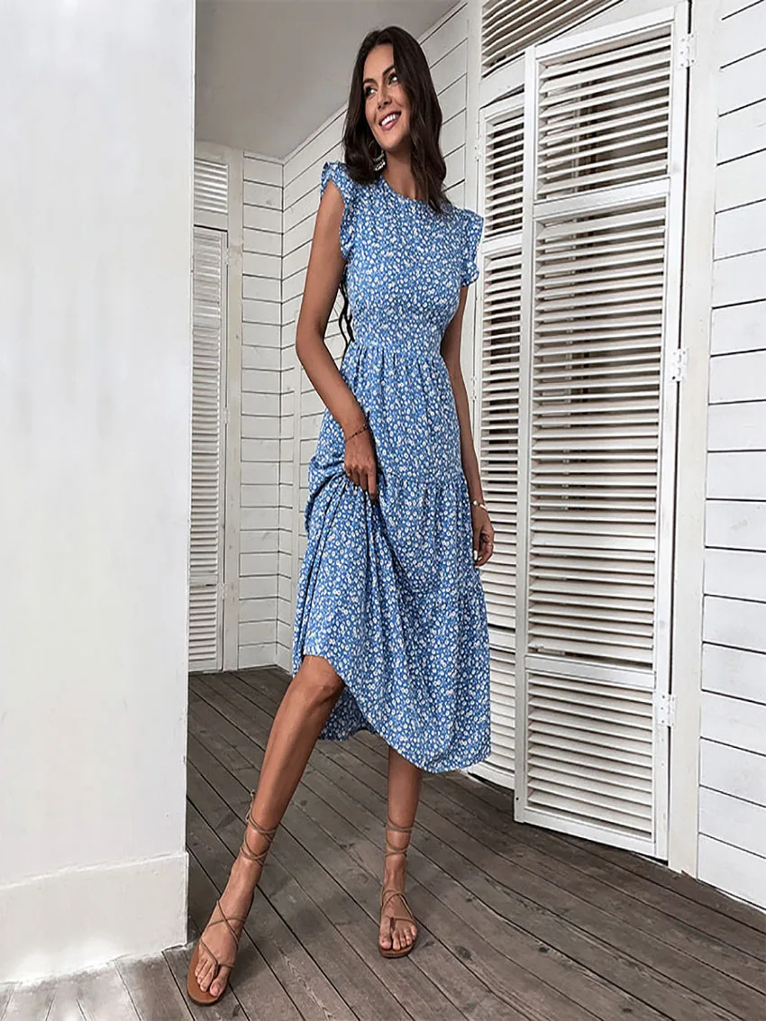 

Sen Lan Yi Ya Elegant Print High Waisted Dresses For Women Vintage Blue O-Neck Flying Sleeve Midi Dress 2023 Slim Summer Dress