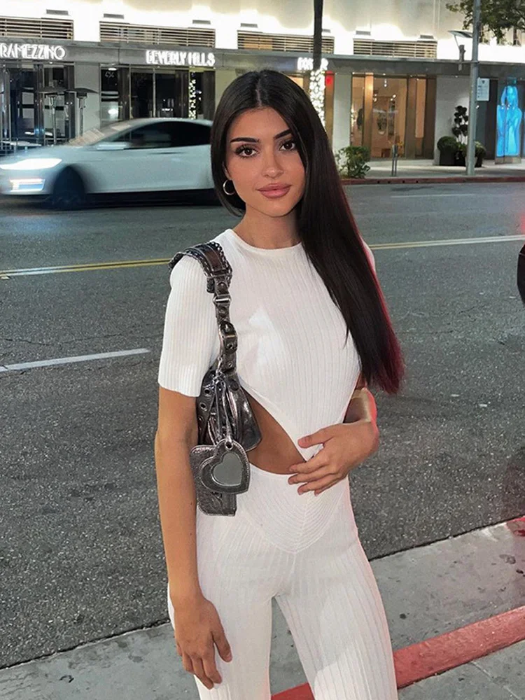 

Модный Белый пикантный облегающий брючный комплект с открытой спиной для женщин одежда офисные женские топы на пуговицах с круглым вырезом...