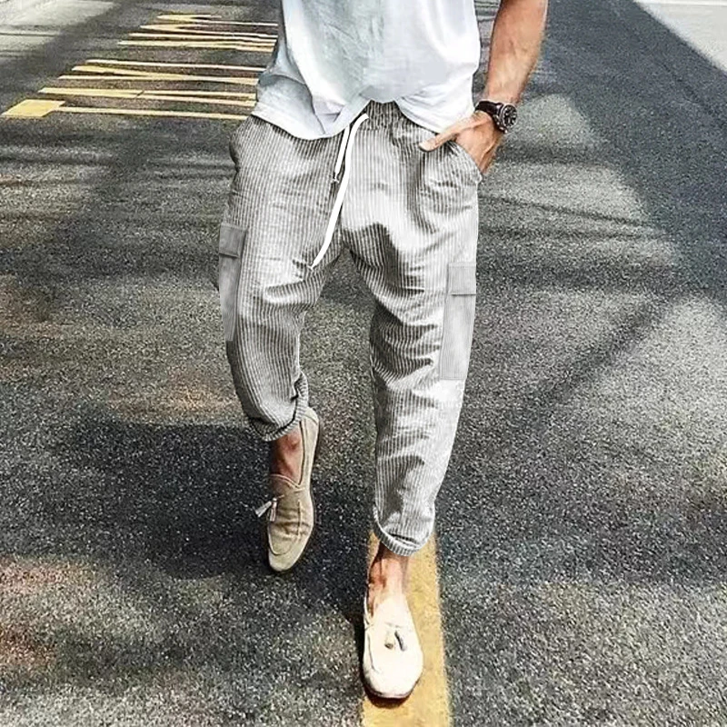 

Fashion Mid Waist Drawstring Long Pants Men Casual Pockets Solid Pant Streetwear Spring New Retro Solid Men's Corduroy Trousers