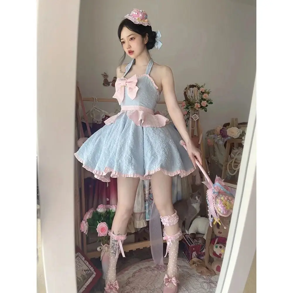 

Милое короткое платье с бантом для девушек, Новинка лета 2023, мини-платье принцессы без рукавов с лямкой на шее, модное милое и простое платье