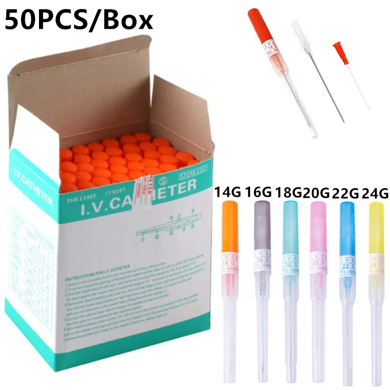 50PCS Professional IV Catheter Needles Set 14G/16G/18G/20G/22G/24G Disposable Body Piercing Needles Bulk Nose Ear Eyebrow Navel