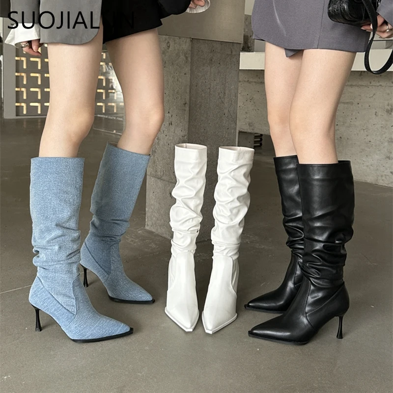 

SUOJIALUN Winter New Brand Women Long Boots Fashion Pleated Pointed Toe Ladies Elegant Knee High Boots Thin High Heel Knigh boot