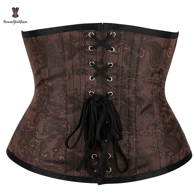 5 Rows Of Metal Busk Closure Brocade Women's Brown Stempunk Underbust Corset Steel Boned Waist Trainer Chest Binder Bustier