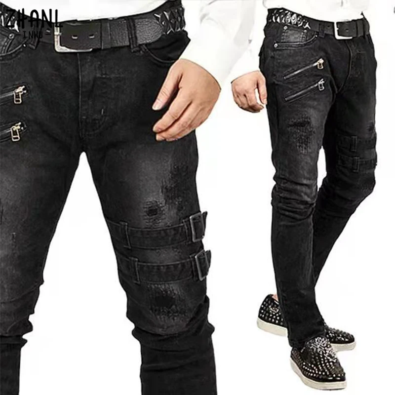 Jeans For Men Fashion Ripped Denim Trousers Biker Zipper Design High Quality Skinny Men's Pants Casual Stretch Calça Masculina