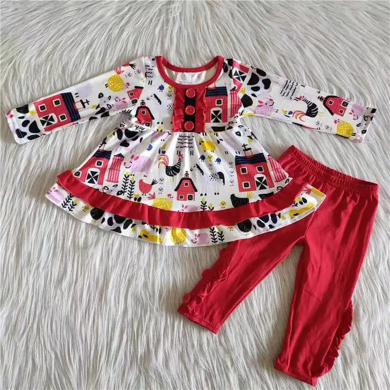 

2022 fashion baby girls outfits button design farm life pattern 2 pcs autumn winter 100% cotton kids clothing sets wholesale