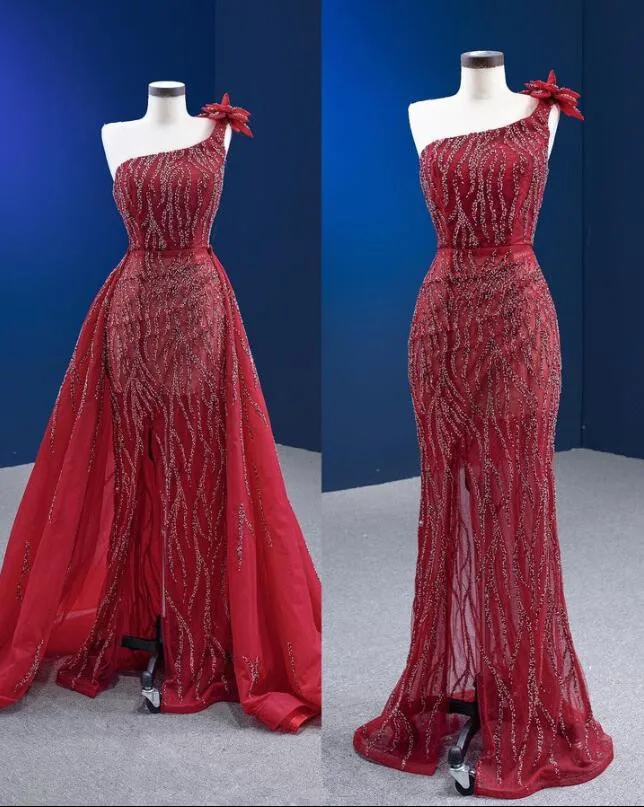 

Роскошное Бордовое платье-Русалка для выпускного вечера со съемным шлейфом 2023 вечернее платье на одно плечо с блестками и бисером на шнуров...