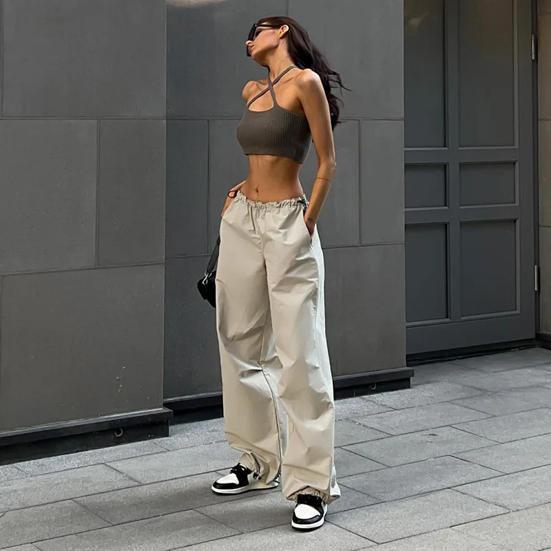 

Женские модные однотонные брюки-карго, повседневные свободные брюки с завышенной талией и карманами в уличном стиле
