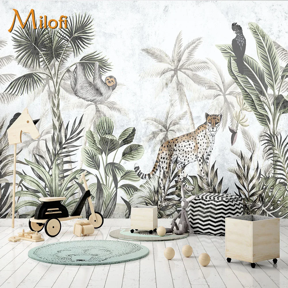 Milofi Custom Rainforest Tropical Animals Banana Trees Flamingo Monkey Elephant Tropical Plants Background Home Decor