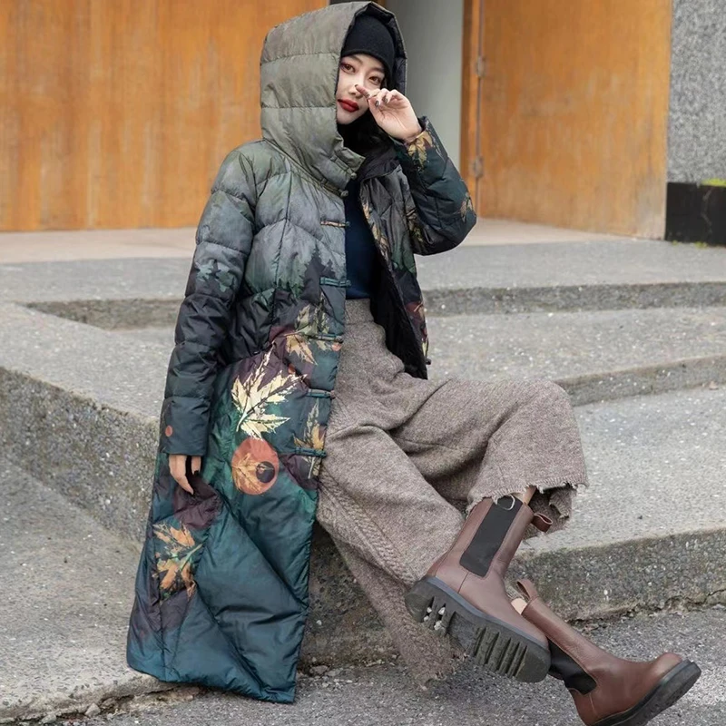 Down Jacket Women's 2022 New Down Jacket Thickened and Relaxed, Vintage Printed, Ethnic Style, Medium Long Down Coat