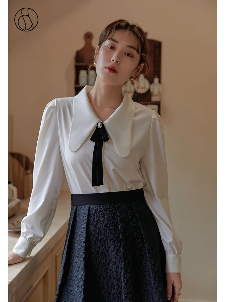 DUSHU Slightly Fat Lady Rabbit Ear Lapel Full Puff Sleeve Blouses Loose Casual Shirts Office Lady Solid Long Sleeve Non-iron Top