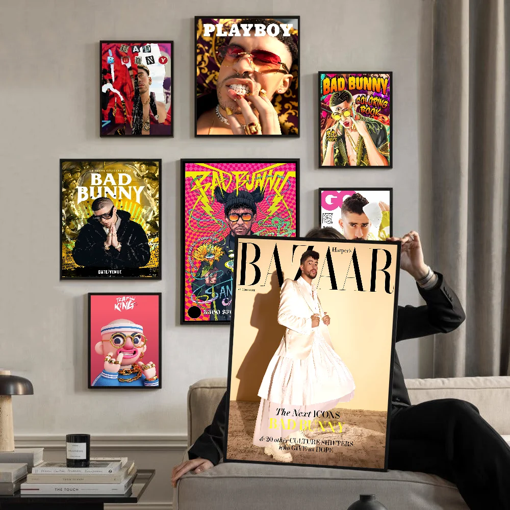 Pop Hip Hop Rapper B-Bad B-Bunny Whitepaper Poster Waterproof Paper Sticker Coffee House Bar Aesthetic Art Wall Painting
