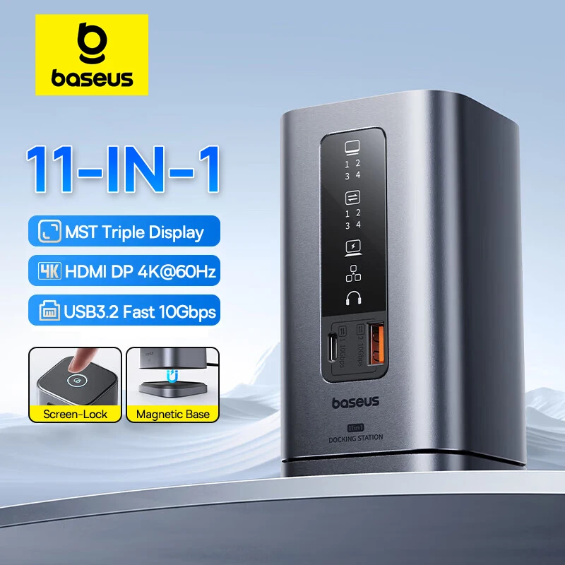 Фото Baseus 11-IN-1 USB C-концентратор HDMI DP 4K при 60 Гц MST с тройным дисплеем Разветвитель USB 3.2 с микрофоном RJ45 3,5 мм PD100W Магнитная док-станция №1