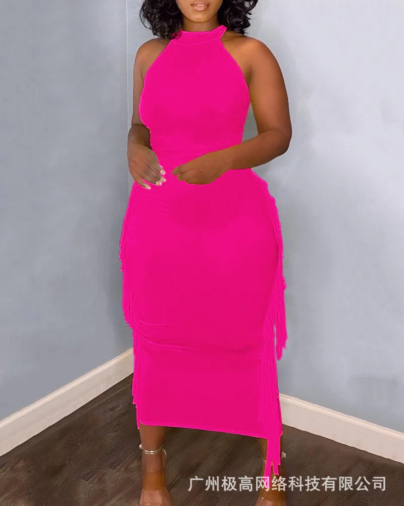 

O-Neck Sleeveless Fringe Decor Maxi Dress Women Long Sleevleess High Waist Solid Color Fashion Casual Evening Party Dress