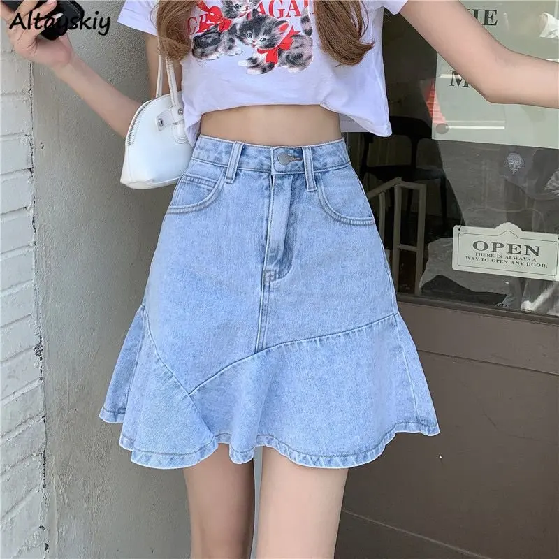 

Denim Mini Skirts Women Irregular Vintage Loose High Waist Hotsweet Solid Korean Style Fashion All-match Vacation Teens Summer