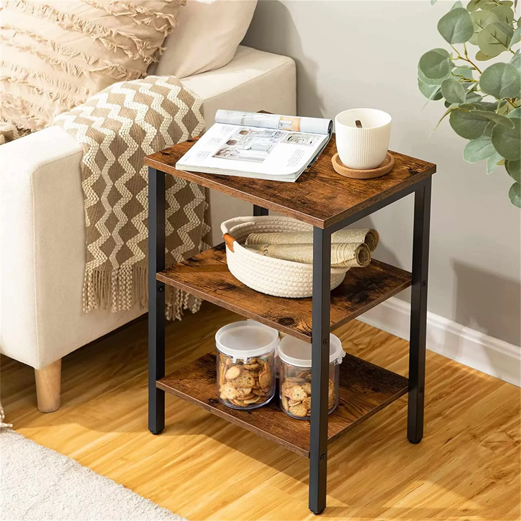 

3 Tier Square End Table Night Table with X-Bar Slim Side Table for Small Spaces Bedside Nightstand with Steel Frame Rustic Brown