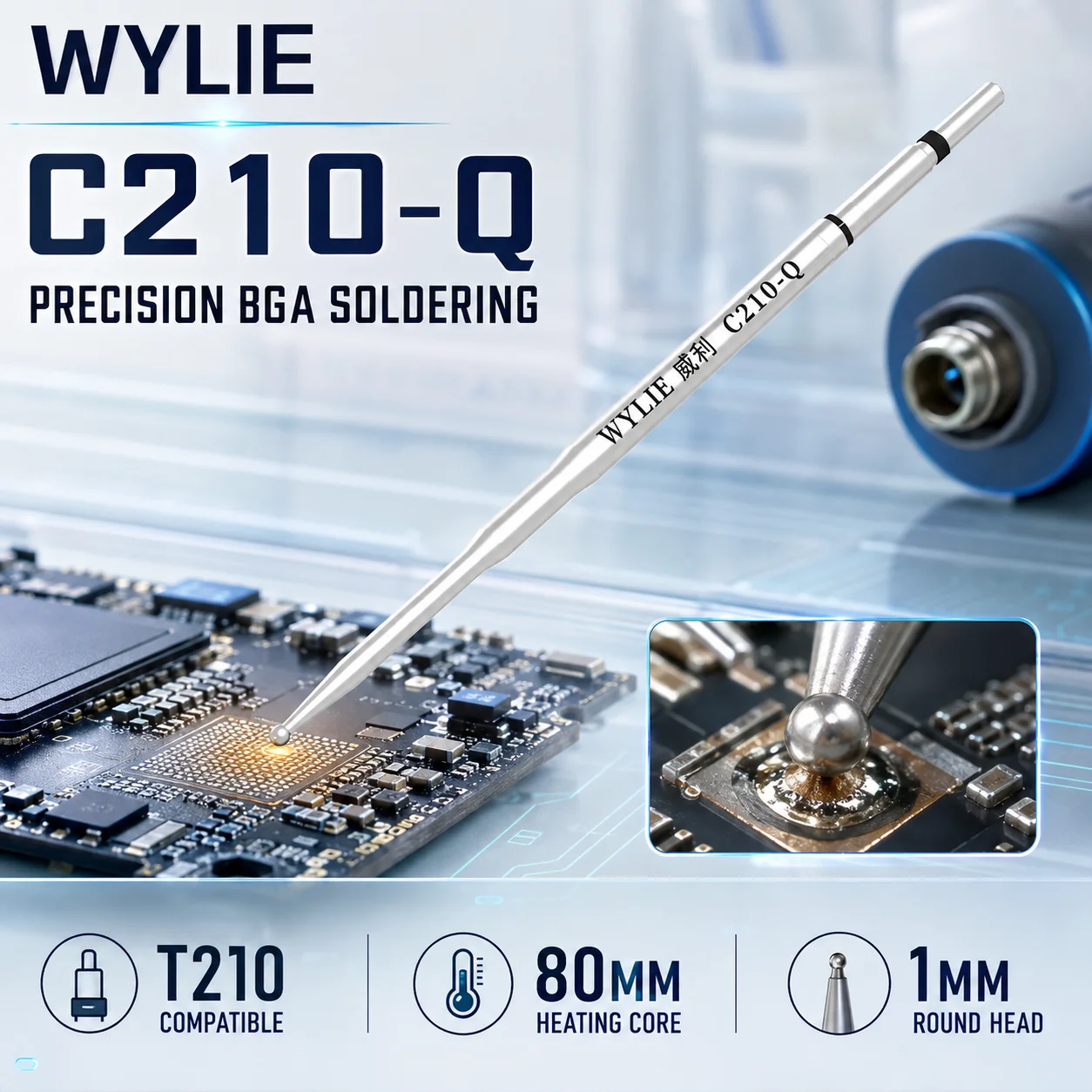 Фото WYLIE C210-Q Сферический паяльный наконечник 80 мм, нагревательный элемент, совместим с рукояткой T210, подходит для ремонта логических плат мобильных телефонов и BGA. №1