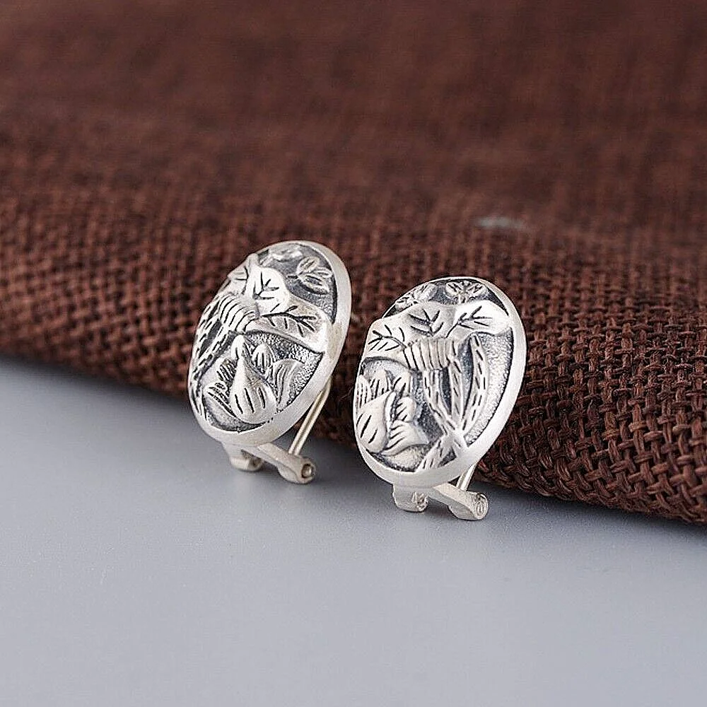 

925 Sterling Silver Zen Lotus Oval Huggie Hoop Earrings F1003
