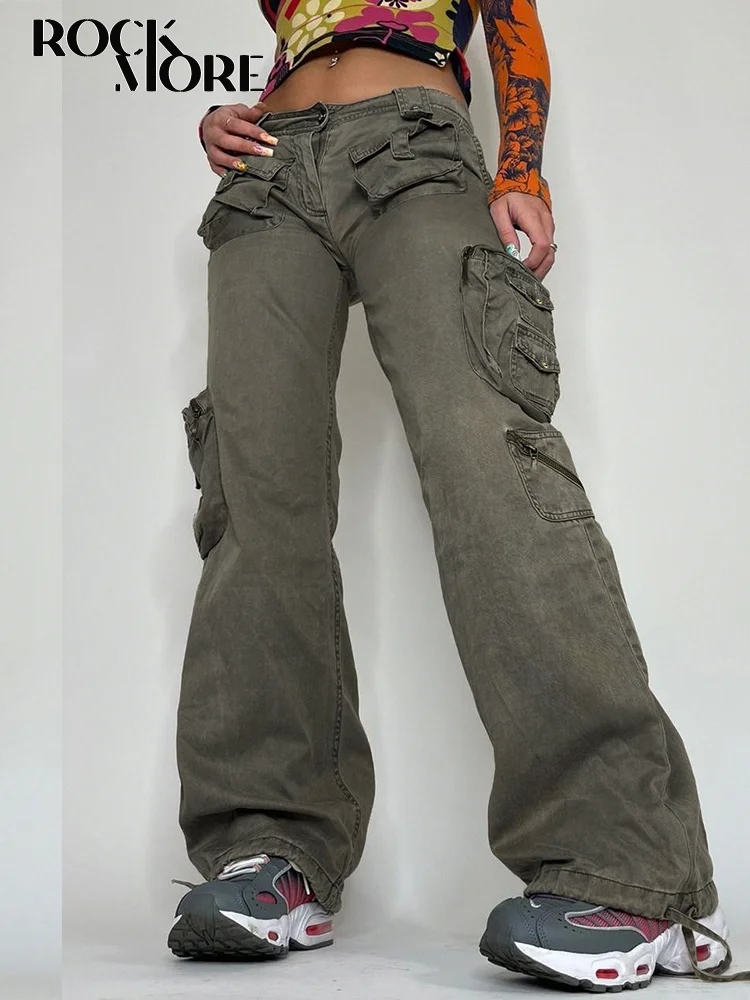 

Rockmore Grey Cargo Pants Vintage Low Rise Big Pockets Baggy Jeans 90s Streetwear Wide Leg Denim Trousers Women Y2K Sweatpants