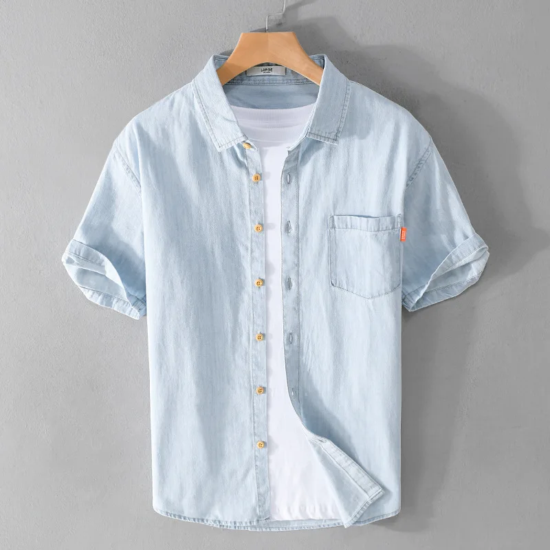 

JRJZ 2023 New Summer Pure Cotton Short Sleeved Men's Shirt Classic Versatile Youth Causal Daily Shirts Denim All Cotton Simple