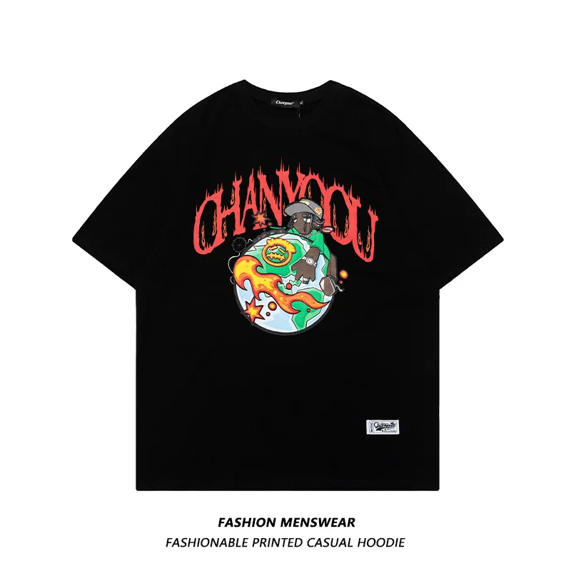 

American Fashion Earth Cartoon Printing Male and Female Couple Students Joker Oversize Casual T-shirt
