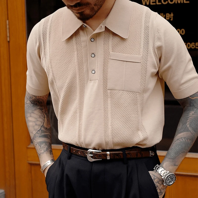 

2022 Summer Fashion Retro Short Sleeve Solid Color Lapel T-Shirt Men's Thin Breathable Top Casual Loose Polo T-Shirt for Men