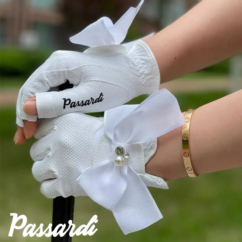 

Новые женские перчатки для гольфа с бантом, Нескользящие, из супер волокна, прочные удобные белые с черными левыми и правыми руками