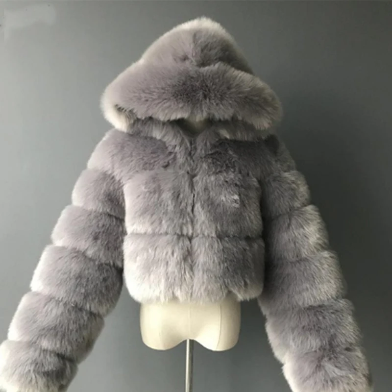 Fashion Hooded Faux Fur Coat Women 2021 Winter Thick Warm Furry Overcoat Elegant Plush Crop Jacket Femme Short Thicken Jackets
