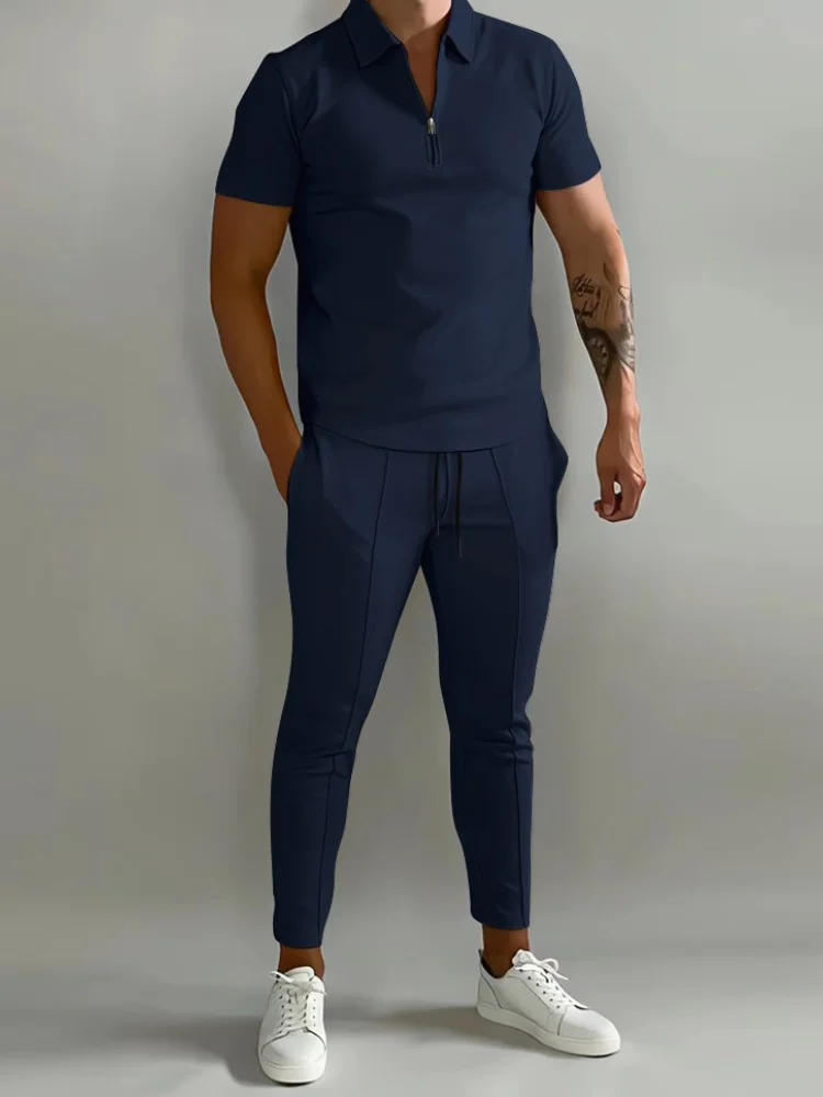 Men's Tracksuit Spring Turn Down Solid Polo Shirts and Sweatpants Short Sleeve 2 Piece Set Male Summer Regular Fit