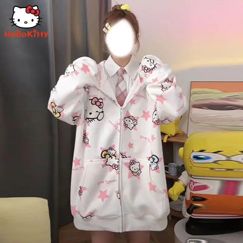 

Кардиган с капюшоном Hello Kitty, толстовка с аниме мультяшным принтом Sanrio Kitty, толстовка на молнии, куртка, Студенческая куртка, женские топы