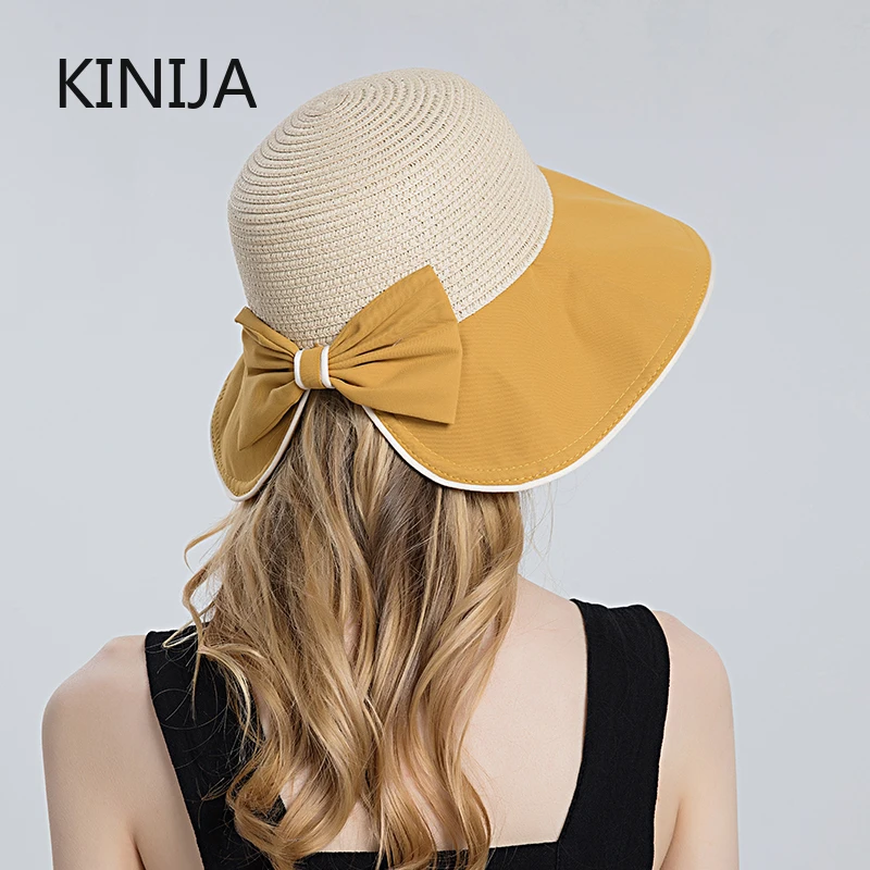 

Summer Bow Big BRIM Straw Hat for Women Beach Sun Protection Bucket Hat Grace Lady Visor Basin Cap Fashion Panama Sunscreen Caps