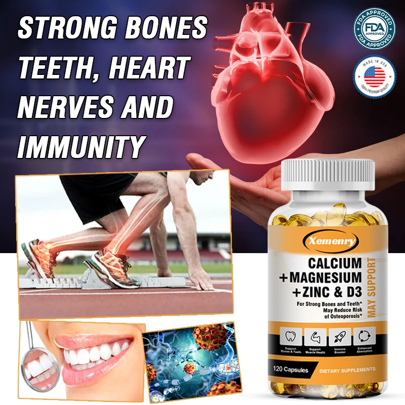 

Xemenry Calcium Magnesium Zinc Capsules with Vitamind3 for Strong Bones & Teeth|Heart, Nerve & Immune Function Support