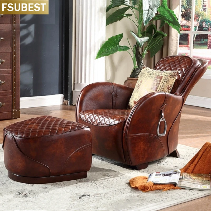 

FSUBEST American Retro Style Country Cigar Chair Cowhide Villa Lounge Chair Leather Single Sofa Creative Saddle Chair