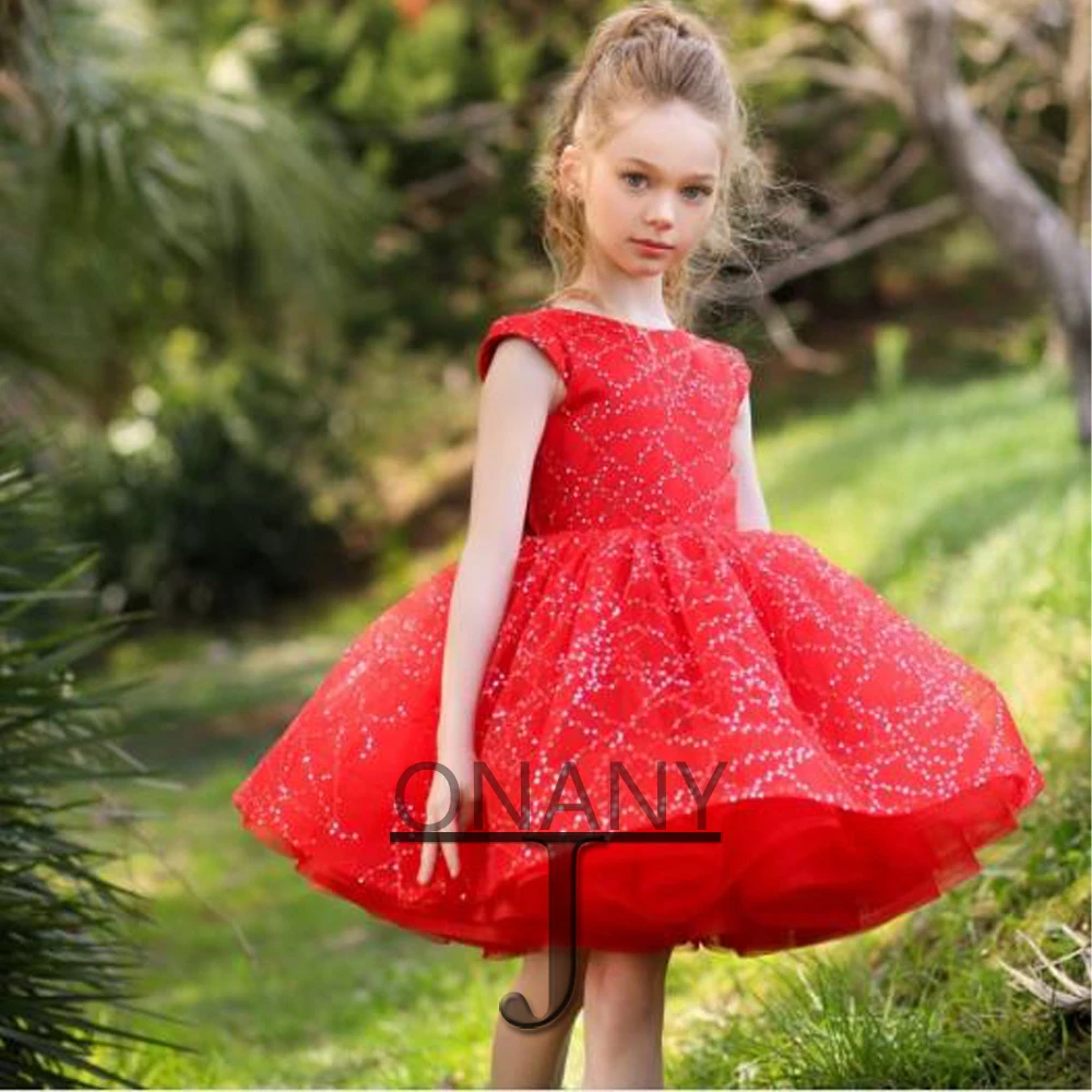 

JONANY Sequin Flower Girl Dress Puff Bow Glitter Customised Party Prom Pageant Vestido Little Girl First Communion Ceremony