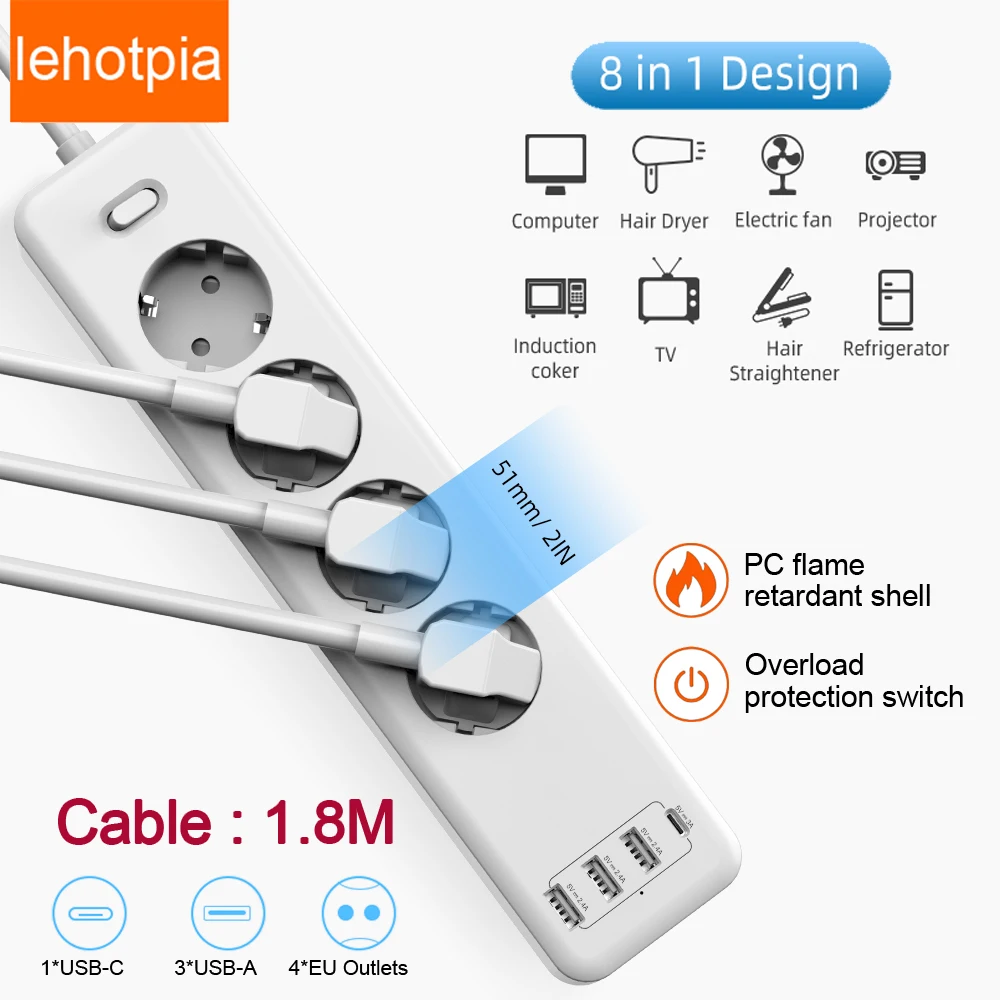 

EU Outlets Power Strip USB AC Electronic Socket Home Office Surge Protector Tyet C PD Extension Smart Jack Wall Mounted Charger