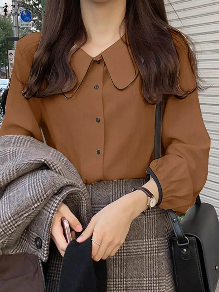 

ZANZEA 2023 Korean Fashion Puff Sleeve Blusas Casual Peter Pan Collar Sweet Elegant Blouses Women Color Blocking Classy Shirts