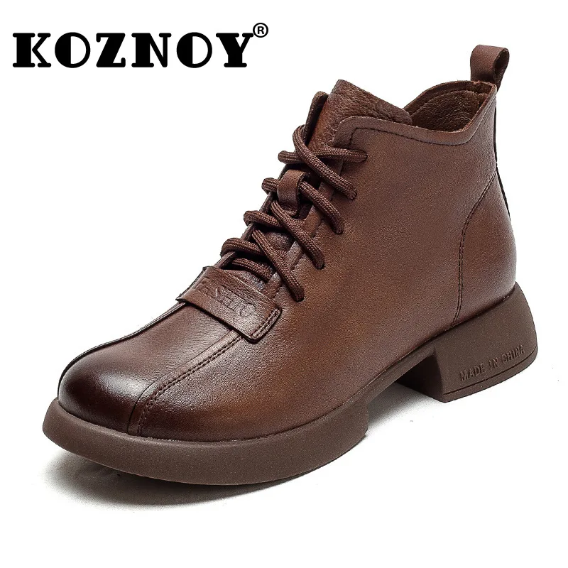 

Koznoy 3cm New Ankle Mid Calf Boots Spring Booties Woman Cow Genuine Leather Moccasins Ethnic Comfy Flats Round Toe Autumn Shoes