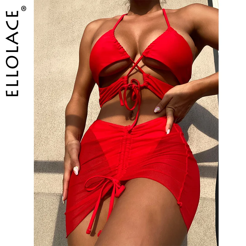 

Ellolace Red Women's Swimsuit Halter Luxury Swimwear Hollow Out Bikini With Cover Up Summer Beach Wear 3-Piece Bathing Suit