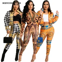 bodyconclothes solid street paisley print women 2 two piece set long sleeve jacket pants suit elegant tracksuit fitness outfits