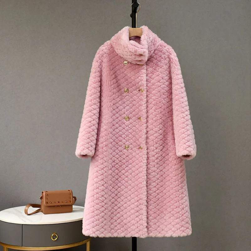 2022 New Women's Lamb Wool Grain Sheep Shearling Coat Autumn Winter Warm Fur Coat Casual Solid Color Lady Jackets Mid-length