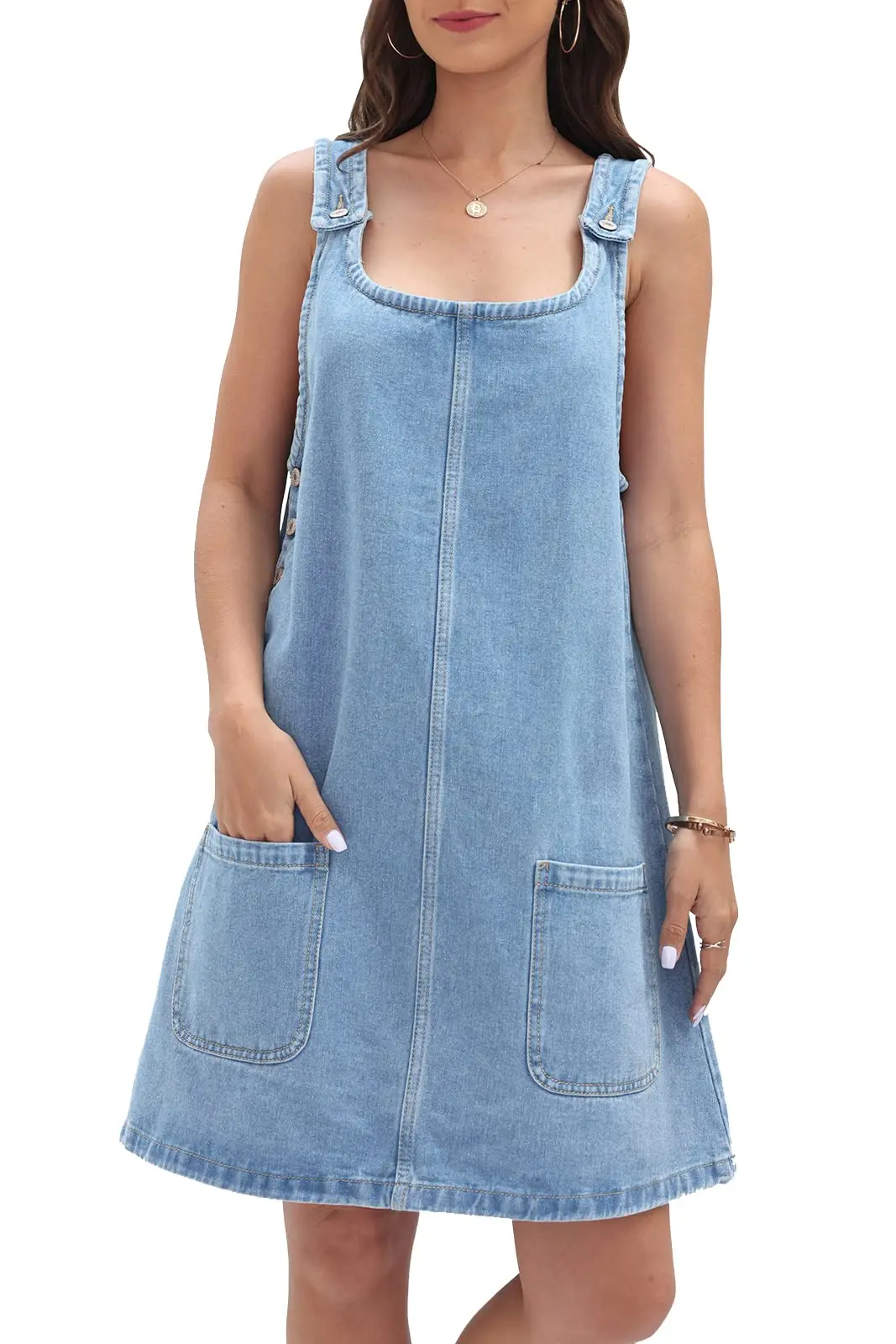 

Women's Sleeveless Casual Denim Dress Crewneck Vintage Overall Mini Dress with Pockets