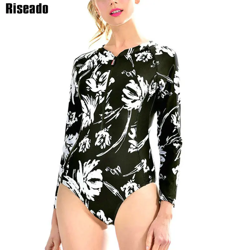 

Riseado Zipper One Piece Swimsuit Floral Print Swimwear Women 2022 Long Sleeves Bodysuit Women Bathing Suit Sports Surfing Suit