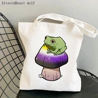 women shopper bag nonbinary pride mushroom frog kawaii bag harajuku shopping canvas shopper bag girl handbag shoulder lady bag