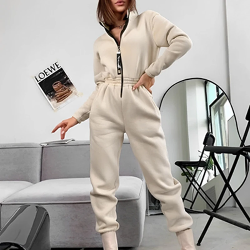

Casual Solid Long Sleeved Sportwear Jumpsuit 2022 Autumn Brushed Straight Playsuit Women O-neck Zipper High Waisted Slim Romper
