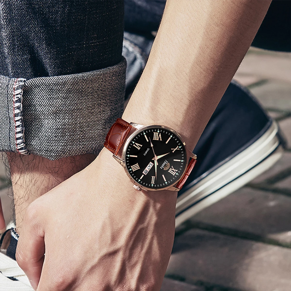 Мужской коричнево-красный кожаный ремешок мода из розового золота деловой тренд