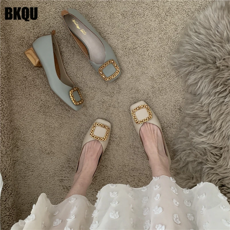 

Metal Decoration Women Loafers Slip On Shallow Wood Heels Female Square Toe Dress Pump Ladies Office Party Shoes 2022 New Autumn