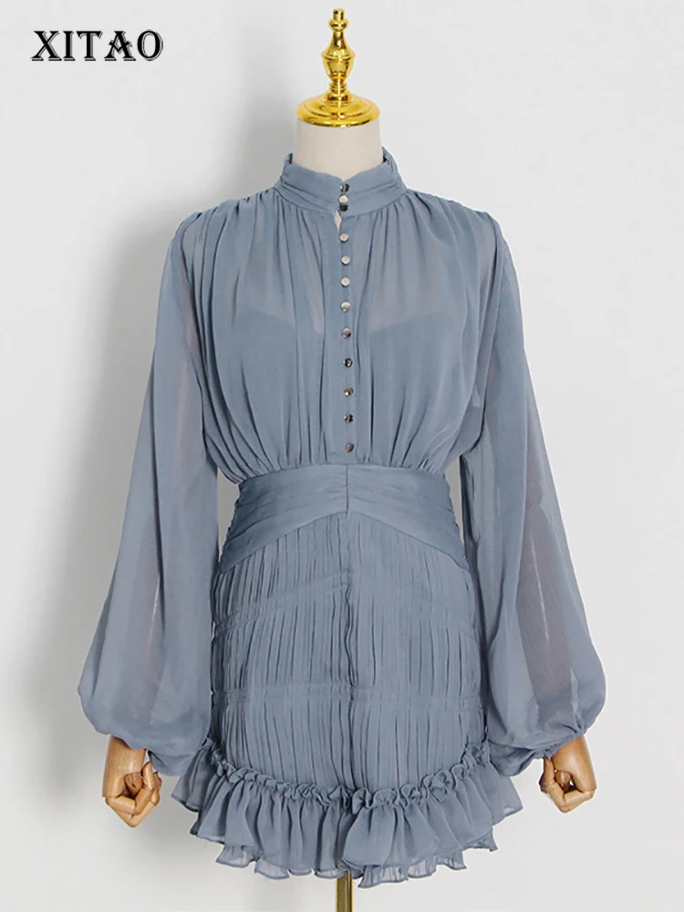 

XITAO Temperament Folds Mini Dress Fashion Stand Collar Splicing Decorate Metal Button Summer New Solid Color Dress WMD6905