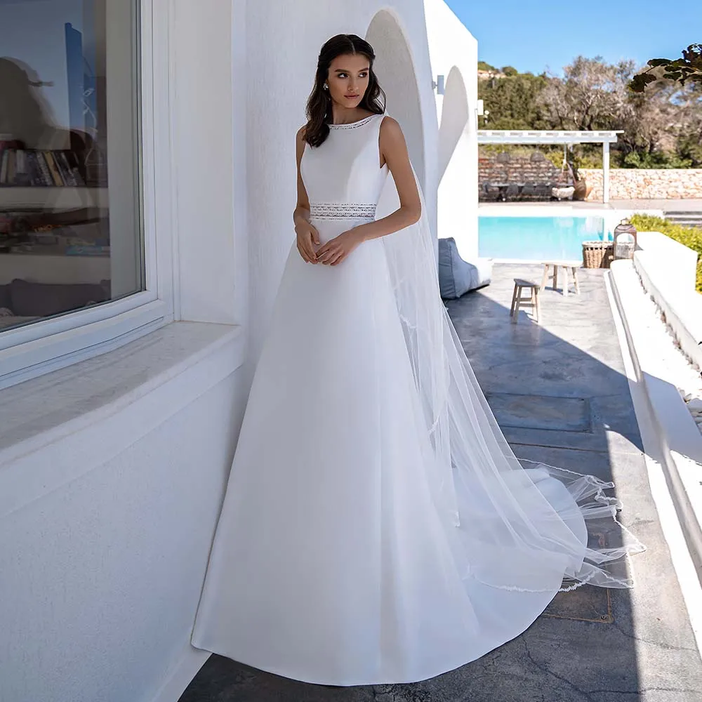 

Boho Wedding Dresses 2022 New Jewel Sleeveless Backless Bow Button Bridal Gown Lace Satin A-Line Bride Dress For Women Custom