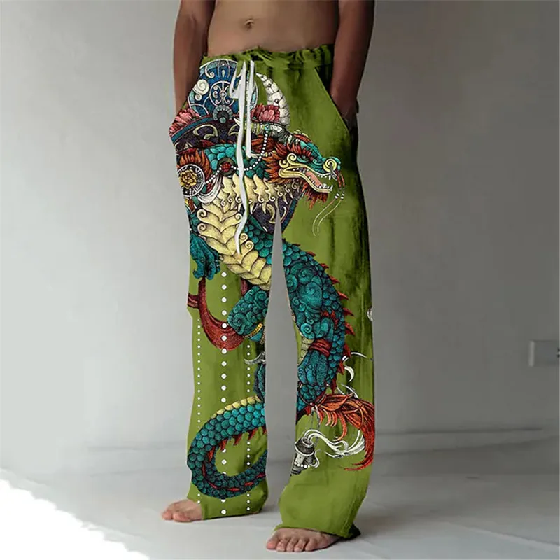 2023 Spring Men's Dragons 3D Casual Lose Trousers Baggy Pant Pockets Drawstring Elastic Waist Texture Pants Yoga Comfort Soft
