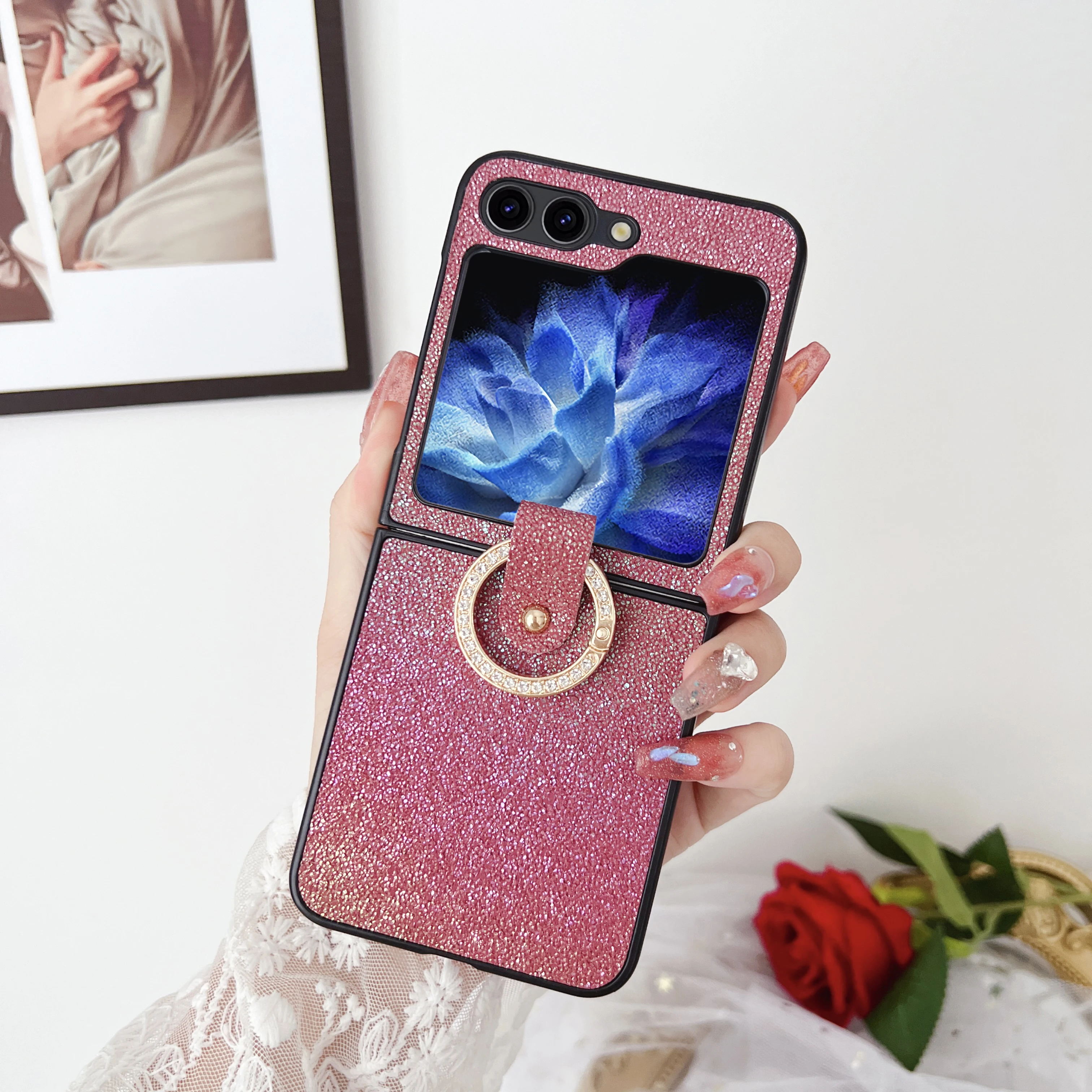

For Samsung Galaxy Z Flip 5 4 3 ZFlip5 Case Luxury Bling Glitter Ring Bracket Folding Shockproof Hard Back Cover Accessories