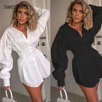 2019 ins french stylish slim blouse ladies women clothes deep v long puff sleeve shirtdress sexy shirt autumn casual black white